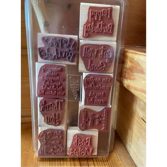 Stampin Up Cheery Chat set of 9 Rubber Stamps Wood Mounted Case - Picture 4 of 4